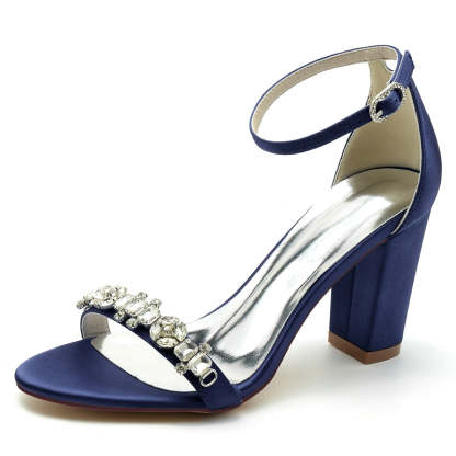 Bridal Shoes for Women with Open Toe Block Heel and Rhinestone Buckle