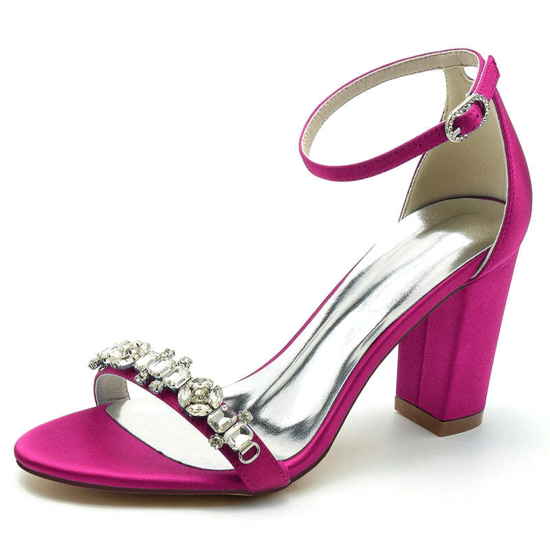 Bridal Shoes for Women with Open Toe Block Heel and Rhinestone Buckle