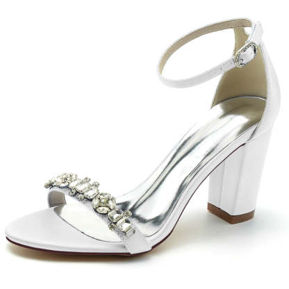 Bridal Shoes for Women with Open Toe Block Heel and Rhinestone Buckle