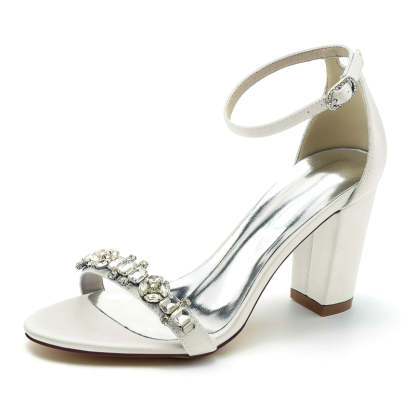 Bridal Shoes for Women with Open Toe Block Heel and Rhinestone Buckle