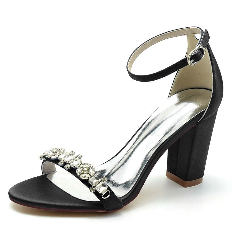 Bridal Shoes for Women with Open Toe Block Heel and Rhinestone Buckle