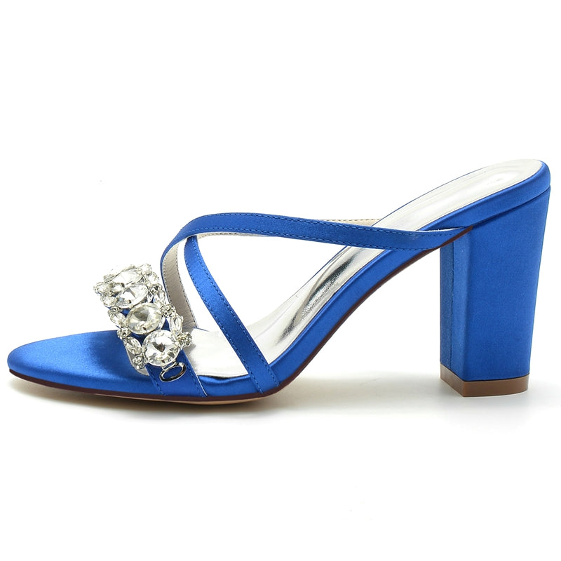 Bridal Slip-On Shoes for Women with Opened Toe Cross-Strap and Luxurious Rhinestone Block Heel