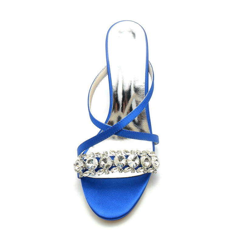 Bridal Slip-On Shoes for Women with Opened Toe Cross-Strap and Luxurious Rhinestone Block Heel