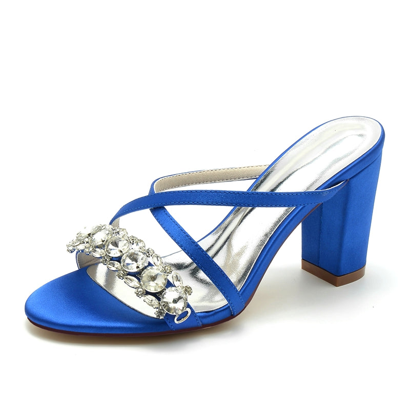 Bridal Slip-On Shoes for Women with Opened Toe Cross-Strap and Luxurious Rhinestone Block Heel