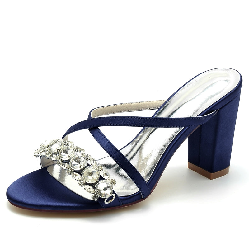 Bridal Slip-On Shoes for Women with Opened Toe Cross-Strap and Luxurious Rhinestone Block Heel