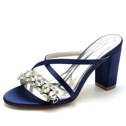 Bridal Slip-On Shoes for Women with Opened Toe Cross-Strap and Luxurious Rhinestone Block Heel