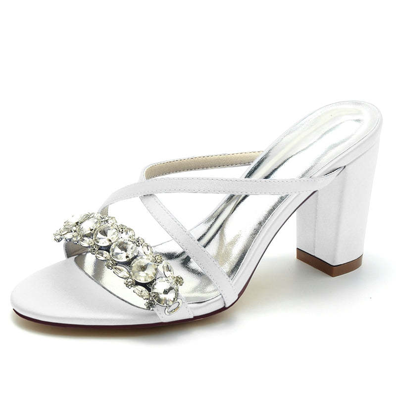 Bridal Slip-On Shoes for Women with Opened Toe Cross-Strap and Luxurious Rhinestone Block Heel