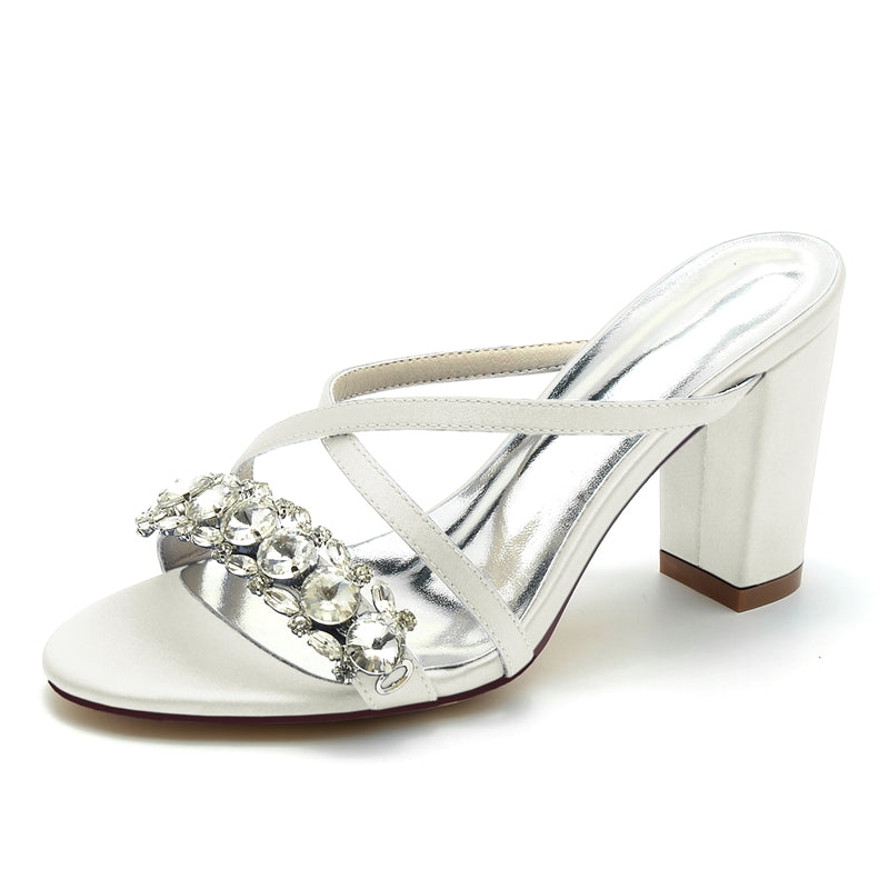 Bridal Slip-On Shoes for Women with Opened Toe Cross-Strap and Luxurious Rhinestone Block Heel