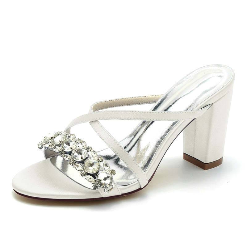 Bridal Slip-On Shoes for Women with Opened Toe Cross-Strap and Luxurious Rhinestone Block Heel