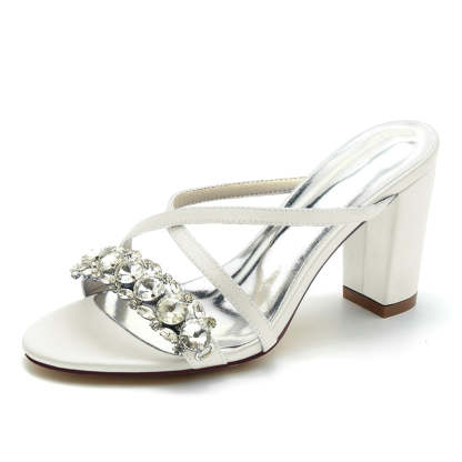 Bridal Slip-On Shoes for Women with Opened Toe Cross-Strap and Luxurious Rhinestone Block Heel