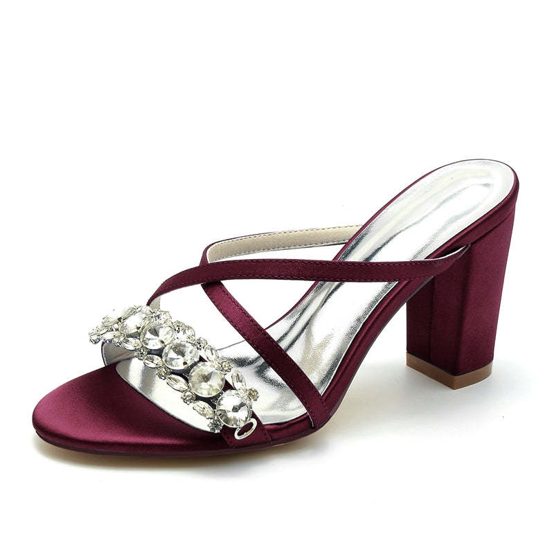 Bridal Slip-On Shoes for Women with Opened Toe Cross-Strap and Luxurious Rhinestone Block Heel