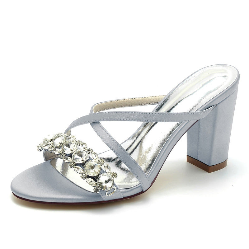 Bridal Slip-On Shoes for Women with Opened Toe Cross-Strap and Luxurious Rhinestone Block Heel