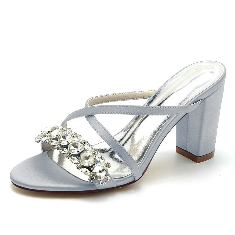 Bridal Slip-On Shoes for Women with Opened Toe Cross-Strap and Luxurious Rhinestone Block Heel