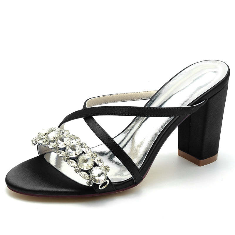 Bridal Slip-On Shoes for Women with Opened Toe Cross-Strap and Luxurious Rhinestone Block Heel