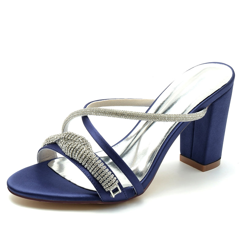 Bridal Slip-On Shoes for Women with Open Toe Cross-Strap and Spiral Rhinestone Block Heel