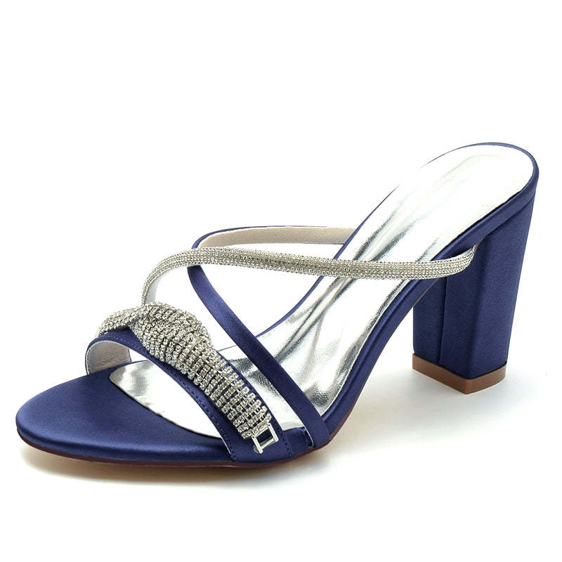 Bridal Slip-On Shoes for Women with Open Toe Cross-Strap and Spiral Rhinestone Block Heel