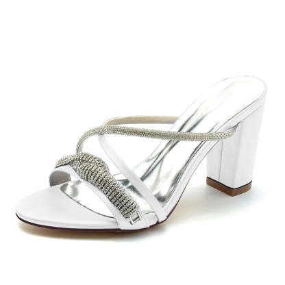 Bridal Slip-On Shoes for Women with Open Toe Cross-Strap and Spiral Rhinestone Block Heel