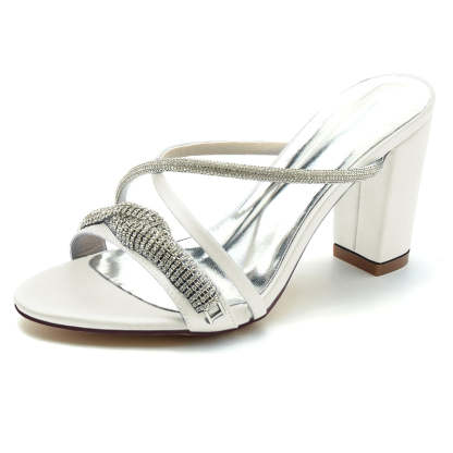 Bridal Slip-On Shoes for Women with Open Toe Cross-Strap and Spiral Rhinestone Block Heel