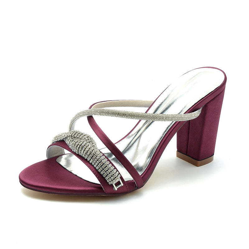 Bridal Slip-On Shoes for Women with Open Toe Cross-Strap and Spiral Rhinestone Block Heel