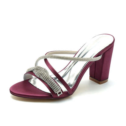 Bridal Slip-On Shoes for Women with Open Toe Cross-Strap and Spiral Rhinestone Block Heel