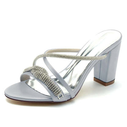 Bridal Slip-On Shoes for Women with Open Toe Cross-Strap and Spiral Rhinestone Block Heel