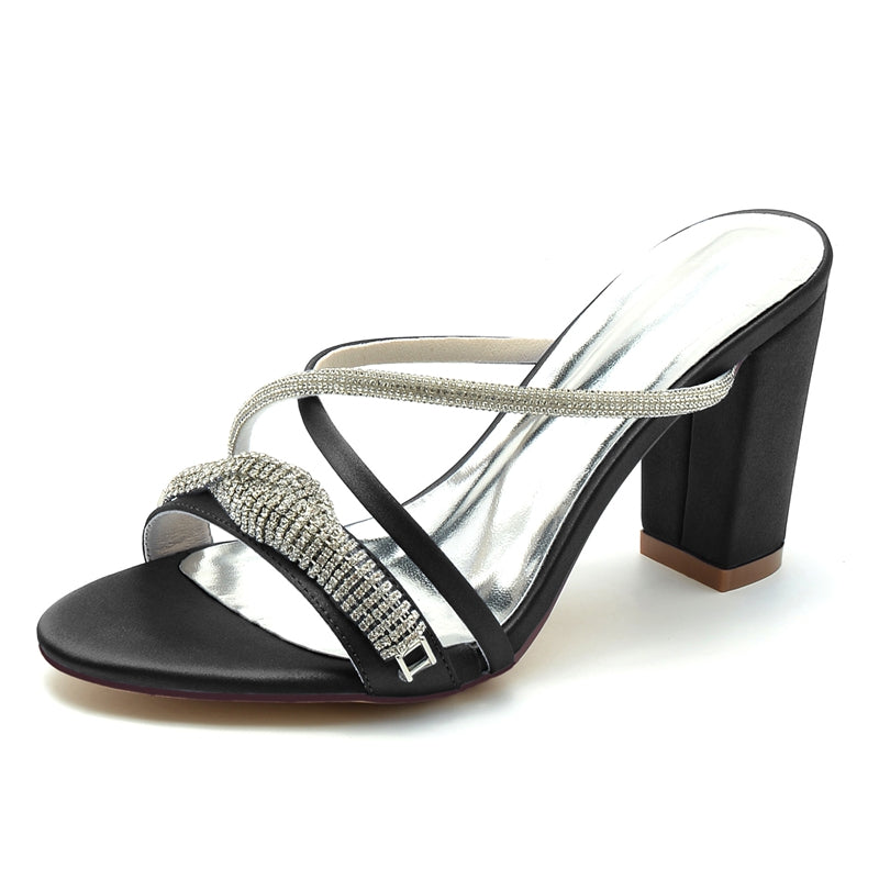 Bridal Slip-On Shoes for Women with Open Toe Cross-Strap and Spiral Rhinestone Block Heel