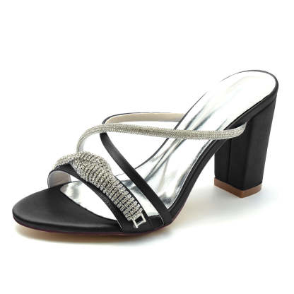 Bridal Slip-On Shoes for Women with Open Toe Cross-Strap and Spiral Rhinestone Block Heel