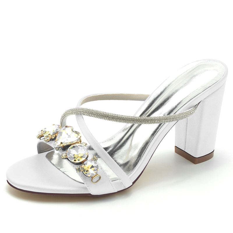 Bridal Shoes for Women with Rhinestone Cross-Strap and Open Toe Slip-On Block Heel
