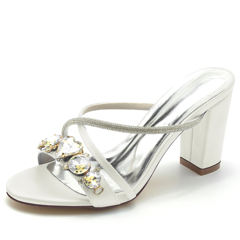 Bridal Shoes for Women with Rhinestone Cross-Strap and Open Toe Slip-On Block Heel