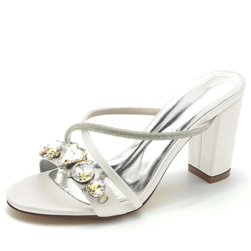 Bridal Shoes for Women with Rhinestone Cross-Strap and Open Toe Slip-On Block Heel