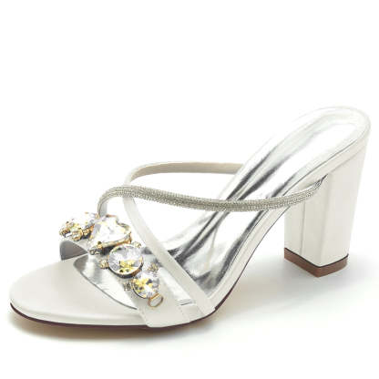 Bridal Shoes for Women with Rhinestone Cross-Strap and Open Toe Slip-On Block Heel