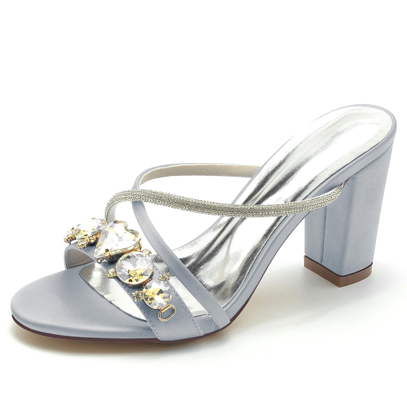 Bridal Shoes for Women with Rhinestone Cross-Strap and Open Toe Slip-On Block Heel