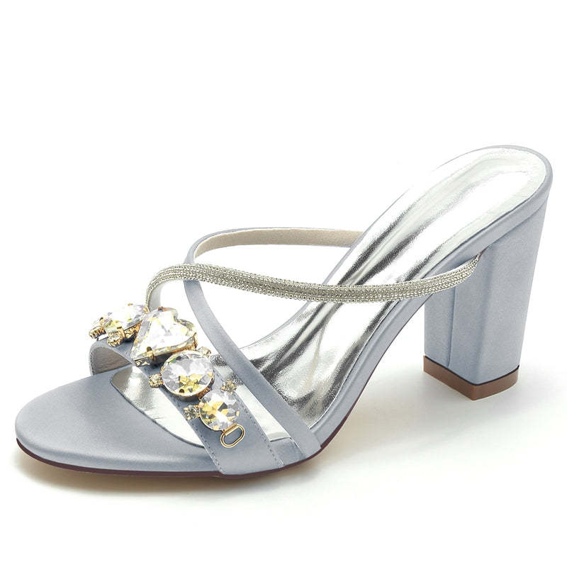 Bridal Shoes for Women with Rhinestone Cross-Strap and Open Toe Slip-On Block Heel