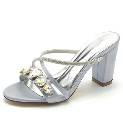 Bridal Shoes for Women with Rhinestone Cross-Strap and Open Toe Slip-On Block Heel