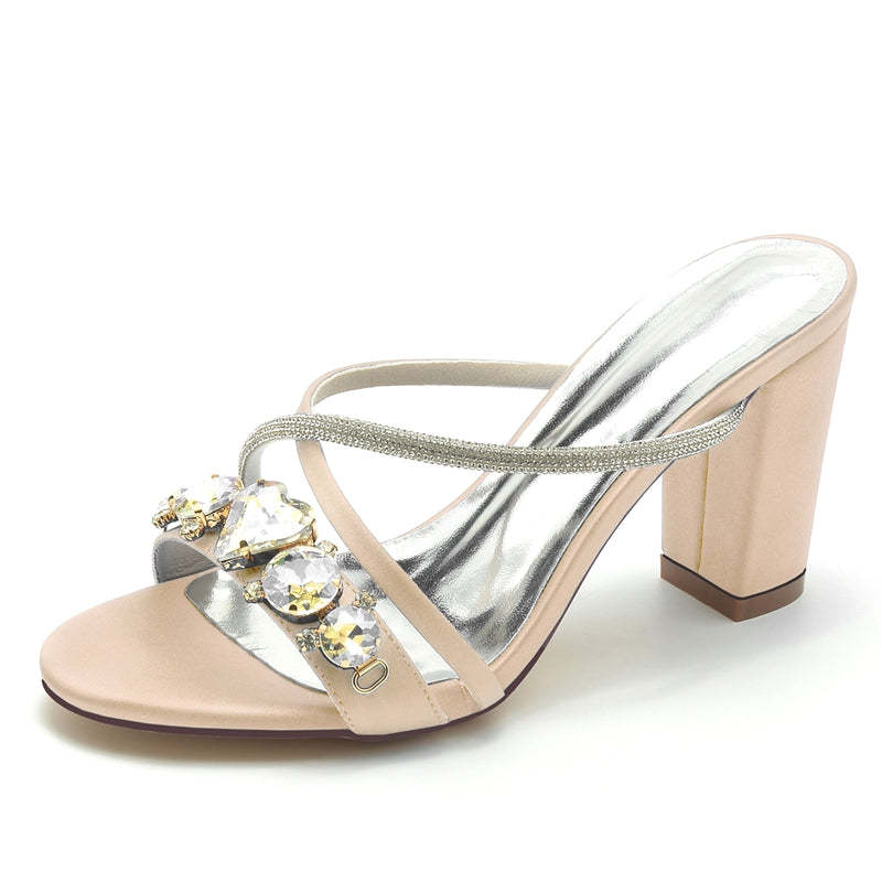 Bridal Shoes for Women with Rhinestone Cross-Strap and Open Toe Slip-On Block Heel
