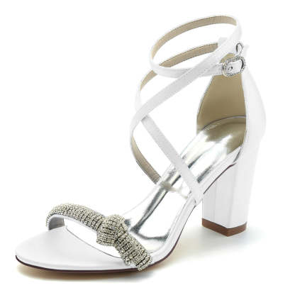 Bridal Shoes for Women with Crossed Straps Block Heel Opened Toe and Crystal Buckle