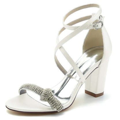 Bridal Shoes for Women with Crossed Straps Block Heel Opened Toe and Crystal Buckle