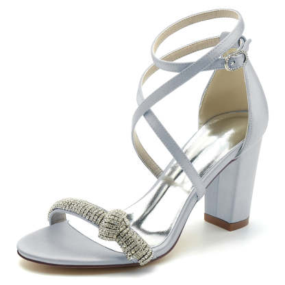 Bridal Shoes for Women with Crossed Straps Block Heel Opened Toe and Crystal Buckle