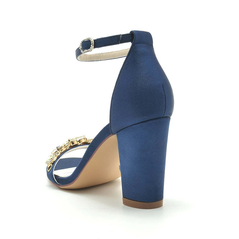 Bridal Shoes for Women with Opened Toe Block Heel and Luxurious Crystal Buckle