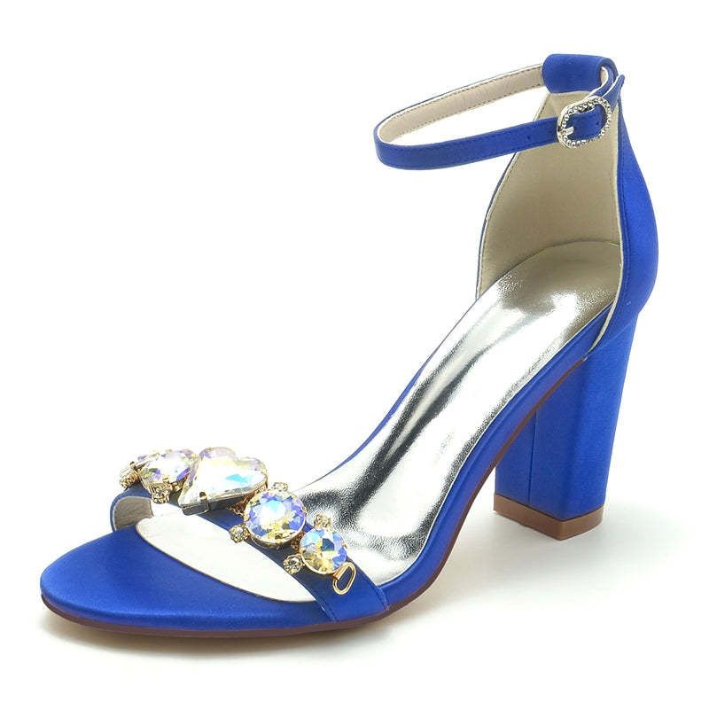 Bridal Shoes for Women with Opened Toe Block Heel and Luxurious Crystal Buckle