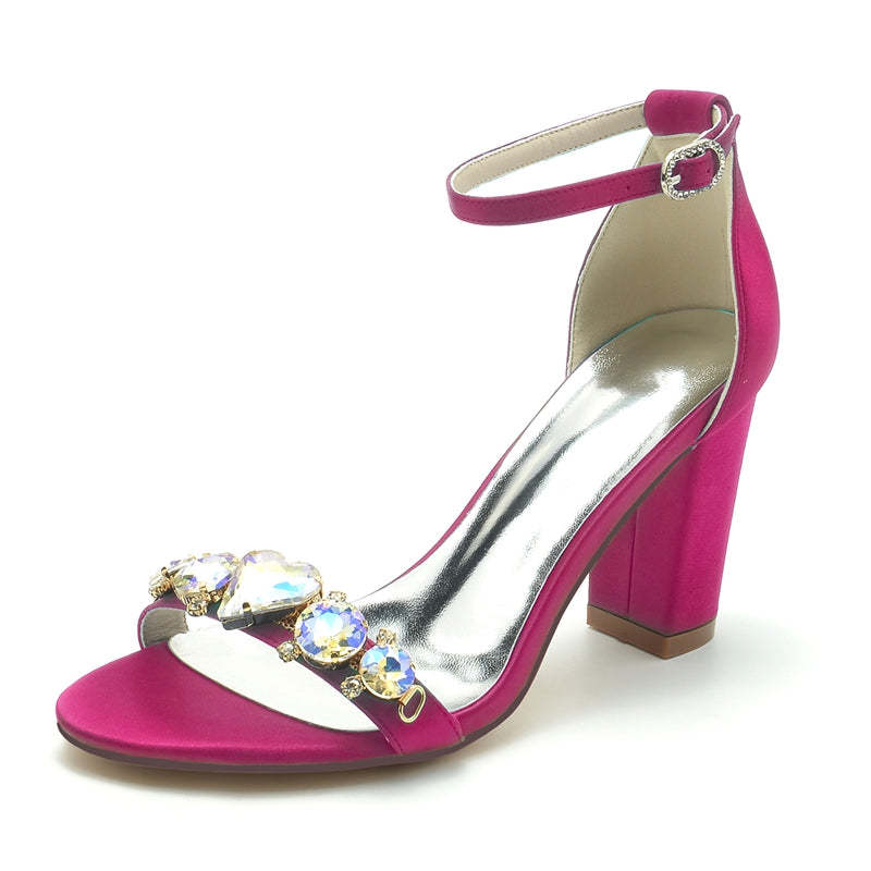 Bridal Shoes for Women with Opened Toe Block Heel and Luxurious Crystal Buckle