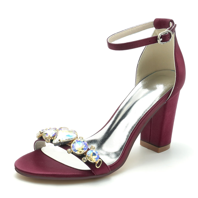 Bridal Shoes for Women with Opened Toe Block Heel and Luxurious Crystal Buckle