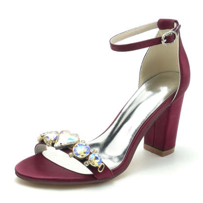 Bridal Shoes for Women with Opened Toe Block Heel and Luxurious Crystal Buckle