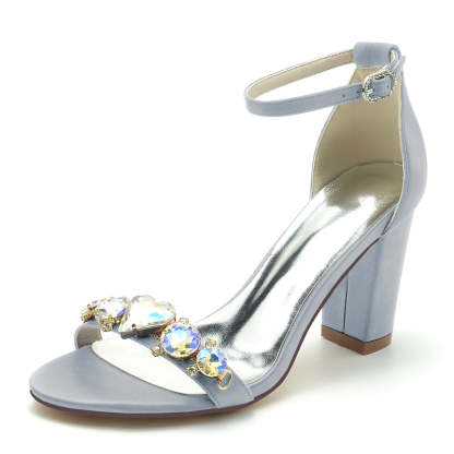 Bridal Shoes for Women with Opened Toe Block Heel and Luxurious Crystal Buckle