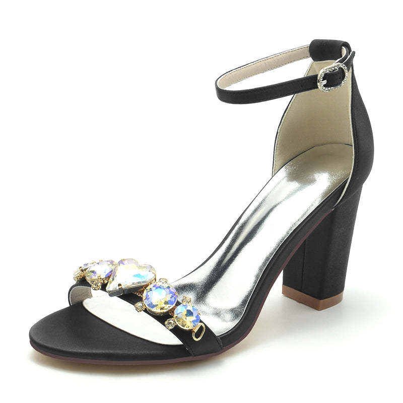 Bridal Shoes for Women with Opened Toe Block Heel and Luxurious Crystal Buckle