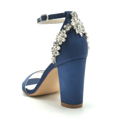 Bridal Shoes for Women with Open Toe Chunky Heel and Buckle Featuring Patterned Crystal Design