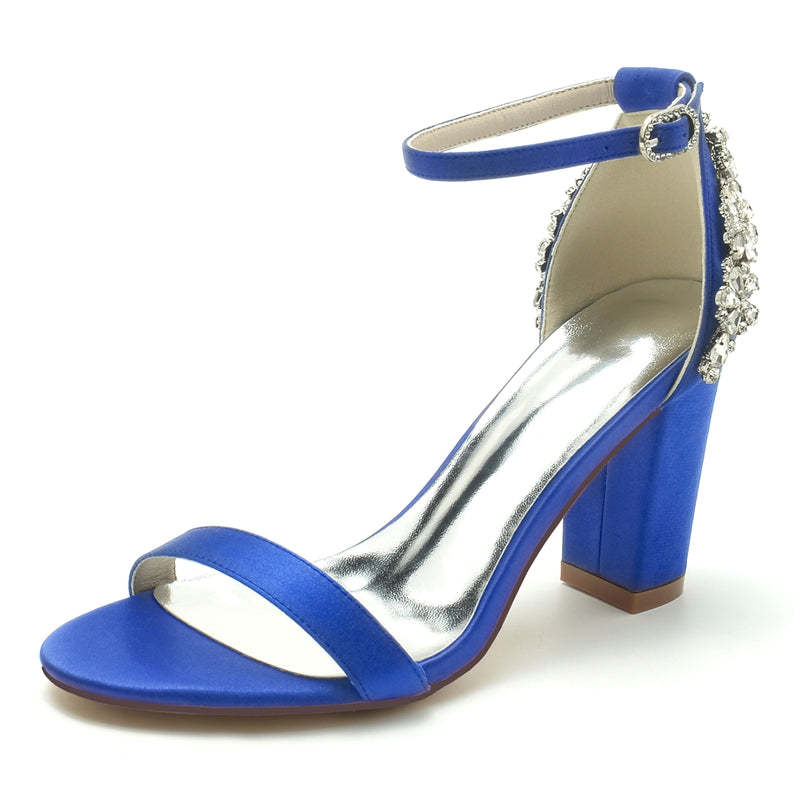 Bridal Shoes for Women with Open Toe Chunky Heel and Buckle Featuring Patterned Crystal Design