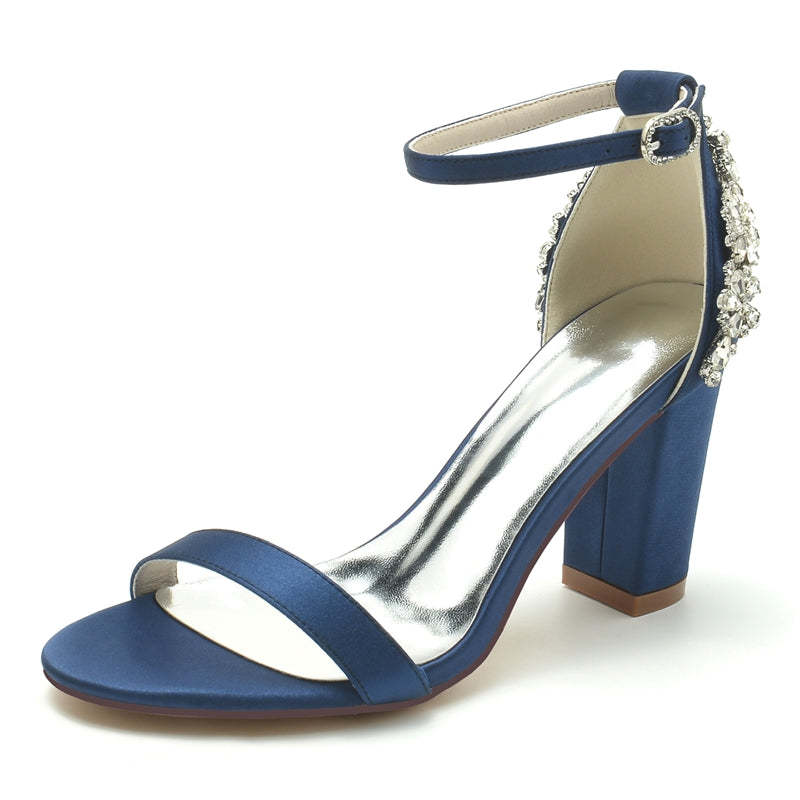 Bridal Shoes for Women with Open Toe Chunky Heel and Buckle Featuring Patterned Crystal Design