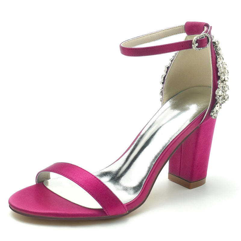 Bridal Shoes for Women with Open Toe Chunky Heel and Buckle Featuring Patterned Crystal Design