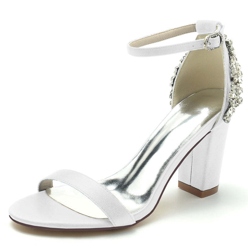 Bridal Shoes for Women with Open Toe Chunky Heel and Buckle Featuring Patterned Crystal Design